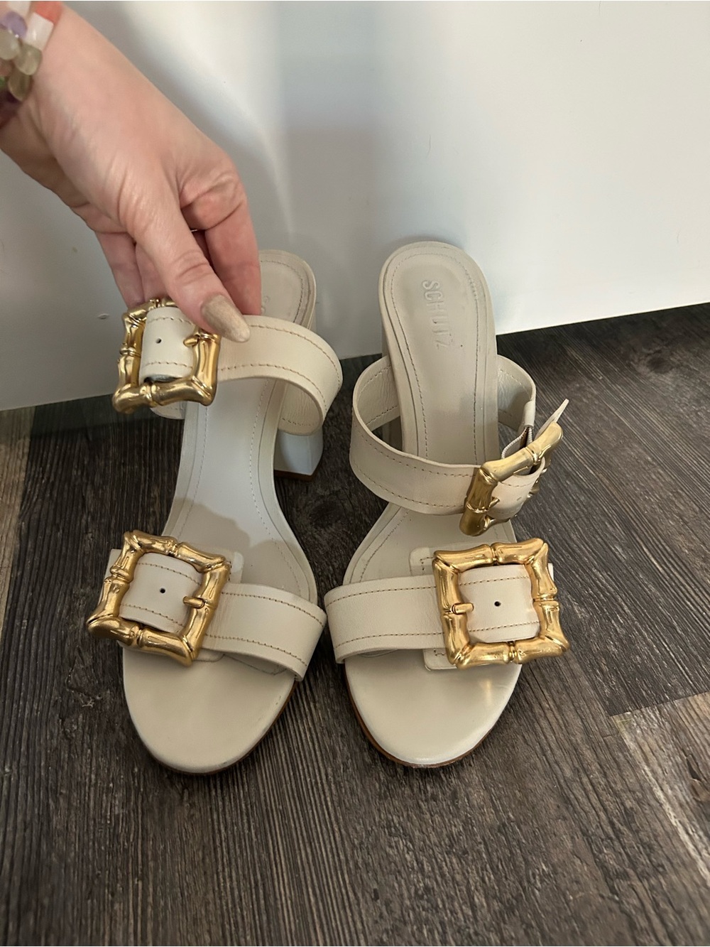 SCHUTZ Cream Leather Block Heel Sandal with Gold Buckles - Picture 3 of 6